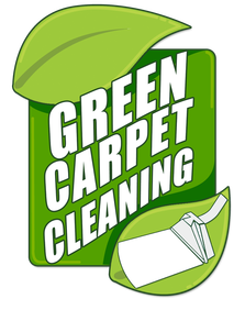 A logo that has a text in the  center of Green Carpet Cleaning with a symbol of green leaves at the top left and a vacuum cleaner at the bottom right.